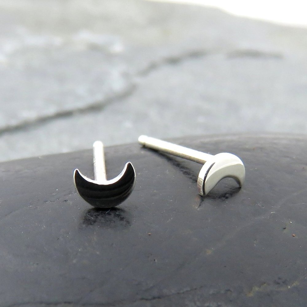 Tiny Silver Half Moon Stud Earrings 4mm Size Artisan Handcrafted NWT